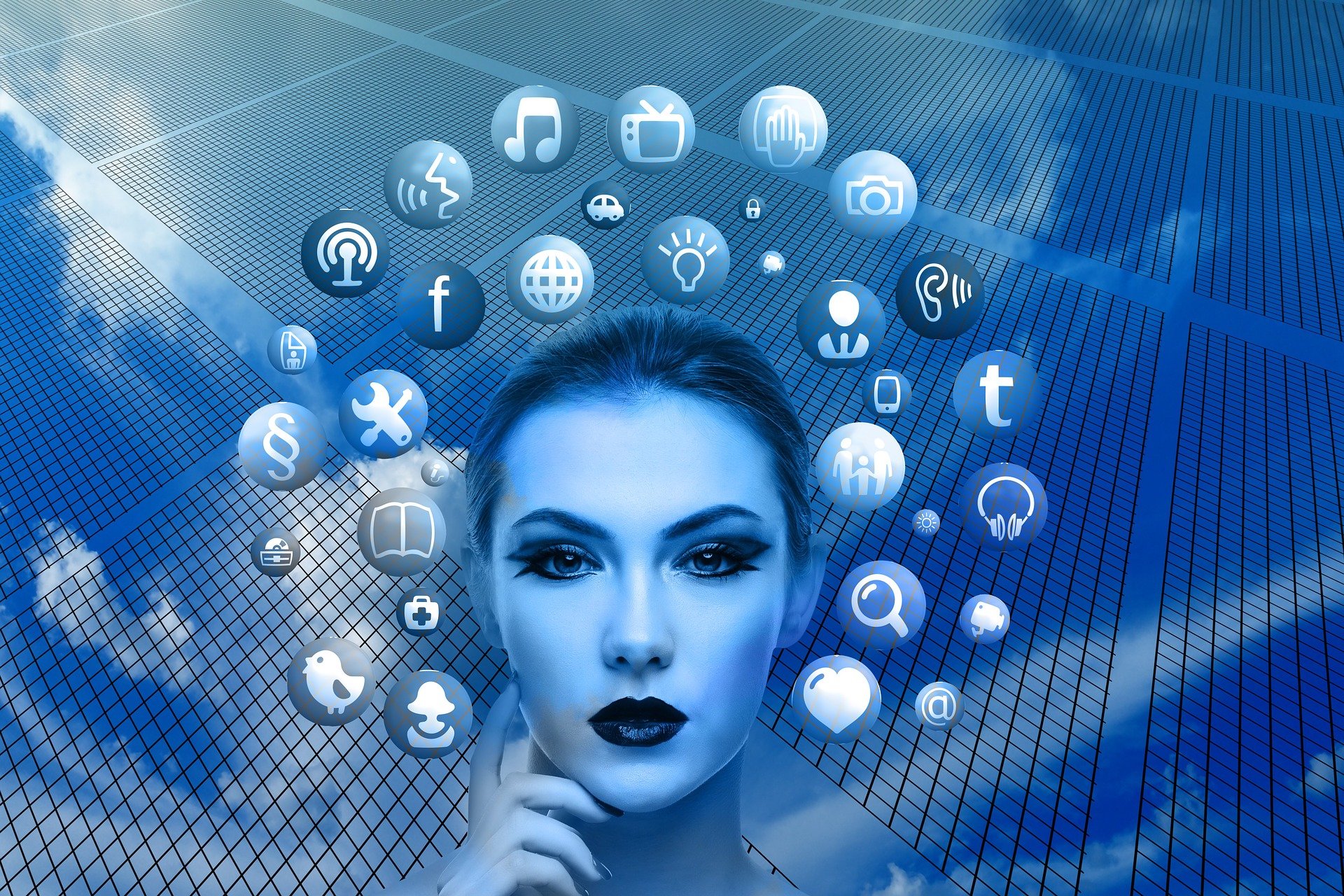 Image of a woman surrounded by bubbles resembling media and social media websites